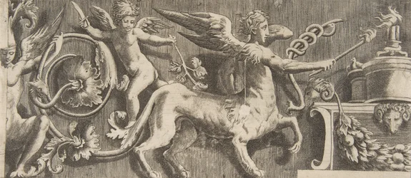 Ornamenttifriisi ja siivekäs kentaur, 1531-76.
