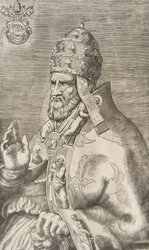 Paavi Marcellus II:n muotokuva, oikea käsi kohotettuna vasemmalle päin, n. 1555.