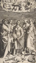 Pyhä Cecilia seisoo keskellä Pyhän Paavalin, Magdaleenan, Pyhän Johanneksen..., 1531.