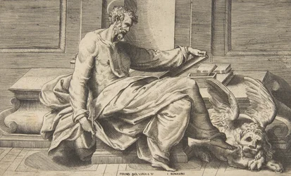 Pyhä Markus kirjoittaa evankeliumiaan, siivekäs leijona oikealla, 1531-76.
