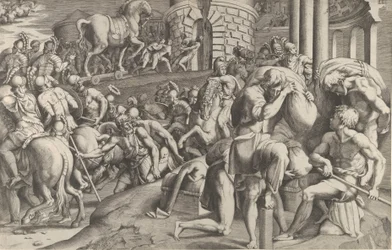 Troijalaiset vetävät puuhevosen Troijaan, 1545.