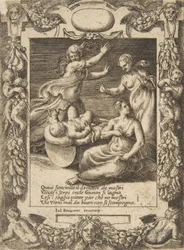Herkules-lapsi tappamassa käärmeitä, sijoittuneena monimutkaisiin kehyksiin, sarjasta "Loves,...", 1531-76.