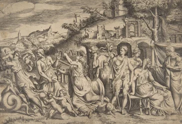Tarina Jasonista ja Medeasta vasemmalla hän kantaa pois poikansa, keskellä hän on ..., 1531-76.