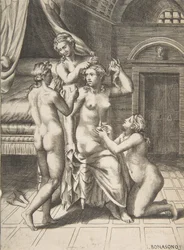 Keskustassa istuvan Psychen wc:tä hoidetaan, 1531-76.