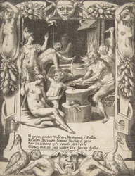 Vulkaani, Neptunus, Athena ja muut jumalat tekevät kahleita vetääkseen Jupiterin taivaasta..., 1531-76.