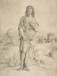 Pyhä Johannes Kastaja seisoo maisemassa, hahmoja ja rakennuksia taustalla..., n. 1505-10.