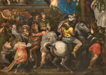 Seinä eteläisen poikkiristeyksen vastajulkisivua vastapäätä, Giuseppe Campi, Mordekain voitto 1567, Yksityiskohta alaosa