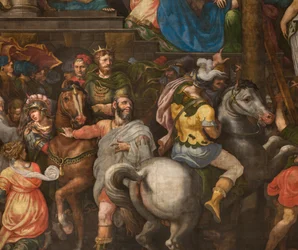 Seinä eteläisen poikkiristeyksen vastajulkisivua vastapäätä, Giuseppe Campi, Mordekain voitto 1567, Yksityiskohta alaosa