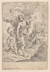 Suojelusenkeli kävelee käsi kädessä pienen lapsen kanssa, 1640-60.