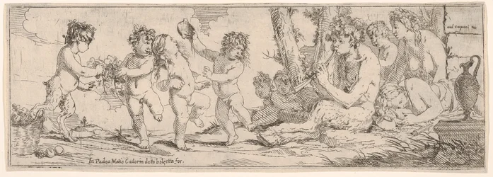 Bacchanal, jossa satyyri soittaa luuttua ja ympäröi neljä hahmoa, jotka katsovat kohti s..., 1640-60.
