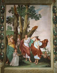 Nymfi Amaryllis kruunattiin suudelmakilpailun voittajaksi, Giulio Carpionin fresko, Giovanni Battista Guarinin (1538-1612) pastoraalinäytelmän The Faithful Shepherd inspiroima Villa Caldogno (UNESCOn maailmanperintöluettelo).