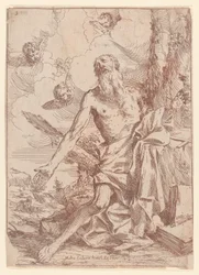 Pyhä Hieronymus polvistui puun vieressä käsivarret ojennettuina, 1640-60.