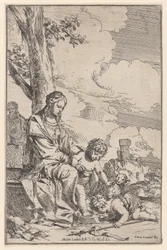 Pyhä perhe, jossa pieni pyhä Johannes suutelee Kristuksen jalkoja, 1640-60.