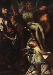 Laskeutuminen ristiltä pyhien Maria Magdaleenan, Augustinuksen, Hieronymuksen ja enkelien kanssa, noin 1618 (öljy kankaalle).