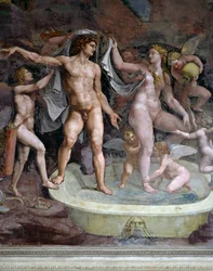 Marsin ja Venuksen kylpy, Giulio Romanon (1499-1546) fresko, Amorin ja Psykhen huoneen pohjoisseinä, Palazzo Te, Mantova (UNESCOn maailmanperintöluettelo, 2008), Lombardia, Italia