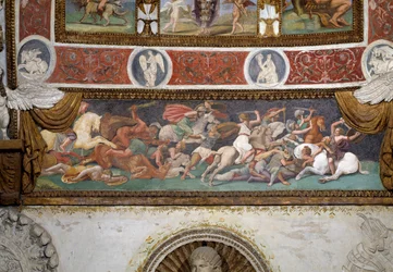 Camera delle Aquile, yksityiskohta kreikkalaisten ja amatsonien välistä taistelua kuvaavasta friisistä, fresko vuodelta 1528.