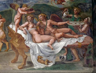 Amor ja Psyche tyttärensä Voluptasin kanssa makaamassa sängyllä, yksityiskohta hääjuhlasta tai jumalten juhlasta, fresko Giulio Romano (1499-1546), Palazzo Te, Mantova (UNESCOn maailmanperintöluettelo, 2008), Lombardia, Italia