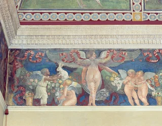 Friisi Camera con Fregio di Amorini -huoneesta, amorifriisin kammiosta, yksityiskohta kahdesta kanien kanssa leikkivästä amorista, joista toinen on musta, 1520-luku