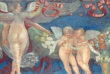 Friisi Camera con Fregio di Amorinin Camera con Fregio di Amorinin kammiosta Friisin yksityiskohta kahdesta putista ja enkelistä, 1520-luvun fresko yksityiskohta vuodelta 106218.