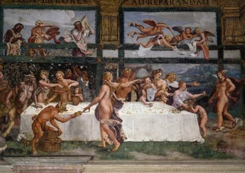 Hääjuhla tai jumalien juhla, Giulio Romanon (1499-1546) fresko, Cupidon ja Psychen kamarin länsimuuri, Palazzo Te, Mantova (UNESCOn maailmanperintöluettelo, 2008), Lombardia, Italia