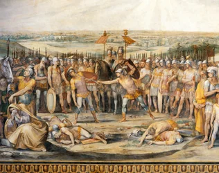 Taistelu Horatiin ja Curiatiin välillä, kirjoittanut Giuseppe Cesari (1568-1640), fresko, Horatiin ja Curiatiin sali, palatsin konservatoriot, Rooma, Rooman kuningaskunta, Italia