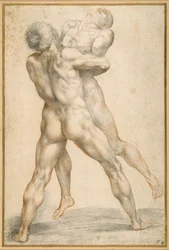 Hercules paini Antaeuksen kanssa (musta-punainen liitu valkoisella paperilla)