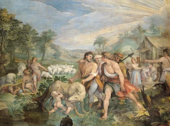 Romulus ja Remus, joita naarassusi imettää, löytyvät Faustuluksen löytäminä Tiberin rannalta, fresko, Horatiusten ja Curiatiusten sali, Konservaattorien palatsi, Rooma, Rooman kuningaskunta, Italia