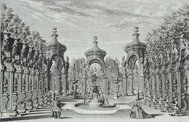 Suunnittelu viihdekäyttöön puutarhassa, "Architectus Theatralis Primarius", kaiverrus Johann Andreas Pfeffel (1674-1748), julkaistu 1740 (kaiverrus)