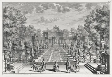 Oopperaympäristö puutarhassa, Architectus Theatralis Primariuksesta, kaiverrus Johann Andreas Pfeffel (1674-1748), julkaistu 1740