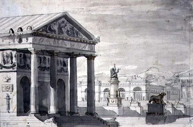 Neo-Classical Stage Set, n. 1825 (kynä & muste ja seepiapesu paperille)