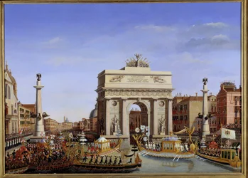 Napoleon I:n vierailu Venetsiaan 28.11.-8.12.1807: keisarin sisäänkäynti gondolissa Grand Canal -kulkueella. Giuseppe Borsaton (1771-1849) maalaus 1800-luvun aurinko. 0,65x0,90 m. - Napoleonin vierailu Venetsiaan alkaen 28
