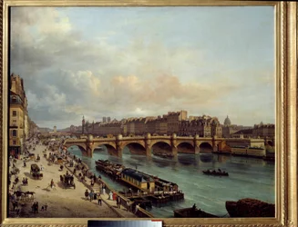 La cite et le Pont Neuf Quai du Louvresta nähtynä Etualalla venepesula (boat-wash) ja Seinen rantojen suuri toiminta. Canella Giuseppe Canella l