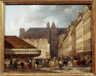 Rue des Prouvaires ja Saint Eustachen kirkko (Quartier des Halles) Pariisissa. Giuseppe Canellan (1788-1847) maalaus Ec.ital.