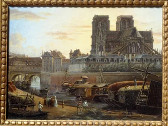 Saint Charlesin silta, Hotel dieu, archeveche ja Notre Dame Pariisin Quai de la Tournellesta katsottuna. Giuseppe Canellan (1788-1847) maalaus EC.ITAL.