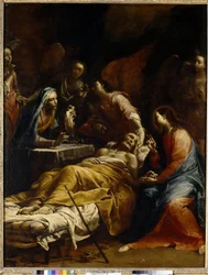 Pyhän Joosefin kuolema. Vanha mies makaa pitkällään kuolinvuoteellaan Neitsyt Marian, häntä siunaavan Jeesuksen Kristuksen ja enkelien ympäröimänä, noin 1712. Italialaista taidetta