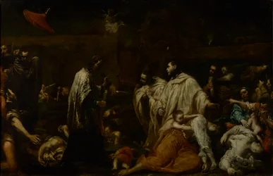 Siunattu Bernard Tolomei ruton lopettamisen puolesta Sienassa, n. 1735 (öljy kuparilla)