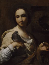 Tyttö pitelee kyyhkystä, 1721-27.