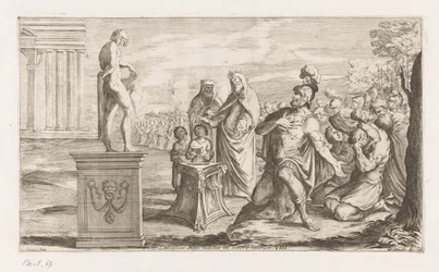 Aeneas tarjoaa Apollolle Kuningas Coelicolus tappaa härän rannalla (otsikko esineessä) Omzwervingen van Aeneas (sarjan nimi) L