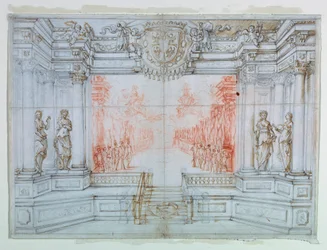 Piirustus, näyttämösuunnittelu: Balet Cele, 1674