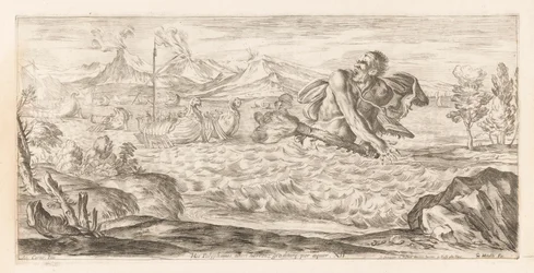 Polyphemus achtervolgt de vloot van Aeneas Täällä Polyphemus on läsnä, kauhistuneena, harppailee tasangon poikki (otsikko esineessä) Omzwervingen van Aeneas (sarjan nimi) L