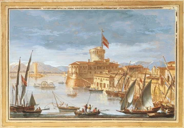 Näkymä Livornon satamasta, kirjoittanut Giuseppe Maria Terreni, kuvitus