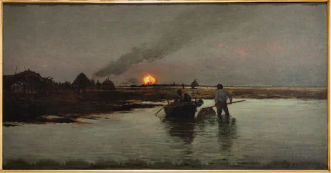 Kalastus auringonlaskun aikaan (öljy kankaalle)