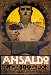 Työntekijä vasaralla ja alasimella, Genovan Ansaldon juliste uusien osakkeiden merkinnästä