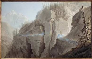 Ensimmäinen italialainen kampanja (1796-1797): "" Napoleon Bonaparten (1769-1821) armeijan ranskalaiset pakottavat vihollisen hylkäämään La Clussen (Clusen) linnoituksen Vallee d