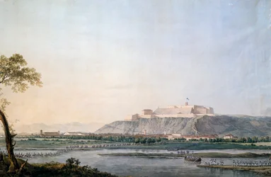 Ranskan armeija ylittää Scrivian, maalaus Giuseppe Pietro Bagetti (1764-1831), Napoleonin sodat, Italia