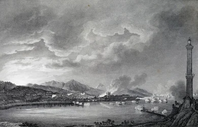 Englantilainen laivasto pommittaa Genovaa, 25. toukokuuta 1800, Giuseppe Pietro Bagetin (1764-1831) piirroksesta tehty teräskaiverrus, Pariisi