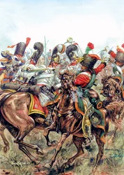 Austerlitzin taistelu 2/12/1805, taistelu Suuren armeijan sotilaiden sekä venäläisten ja itävaltalaisten välillä - Austerlitzin taistelu, 2. joulukuuta 1805, Napoleon I:n armeijan taistelu venäläisiä ja itävaltalaisia armeijoita vastaan - Kuvitus: Giuseppe