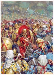 Thermopylain taistelu: Leonidas I:n komentama Spartan armeija taistelee kreikkalaisten rinnalla persialaisia vastaan vuonna 480 eaa. (Persialaissodat / Thermopylain taistelu 480 eaa. - Spartan kuningas Leonidas miehineen kaatuu taistelussa) - kuvitus