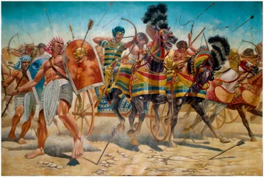 Egyptiläinen antiikki: kuva faarao Ramses II:sta (1304-1213 eKr.) ja hänen armeijastaan, joka ohjaa panssarivaunuja Kadeshin taistelussa vuonna 1274 eKr. - Faarao Ramses II (1303 eKr. ð 1213 eKr.) ja hänen armeijansa Kadeshin taistelussa vuonna 1274 eKr. m