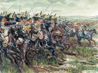 Ensimmäinen valtakunta (1804-1814): Napoleon I:n suuren armeijan taistelulaivojen hyökkäys - Kuvitus: Giuseppe Rava